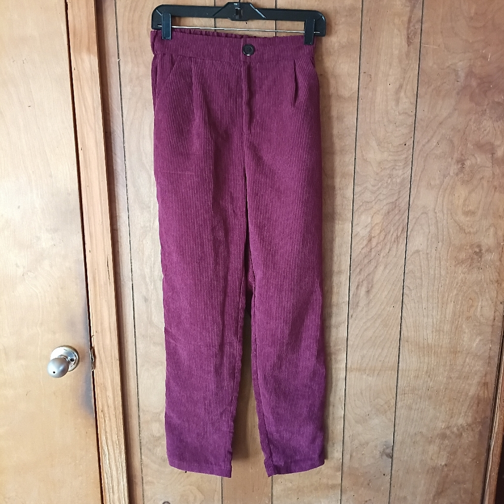 Zenana Corduroy Pants Size S Purple Elastic Back Waist Pockets Zip Button